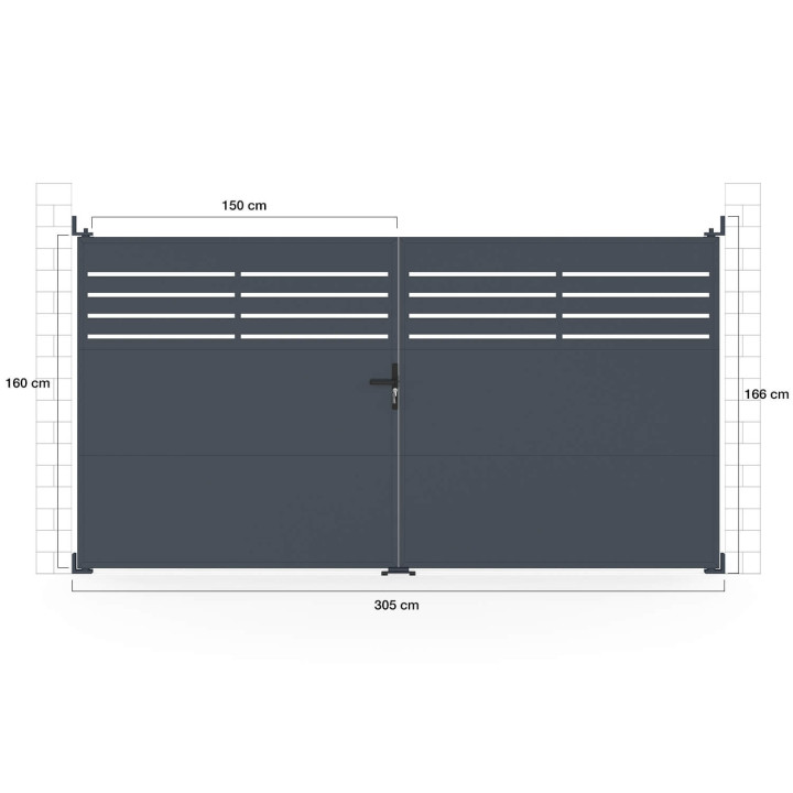 Portone a battente 300 x 160 cm in acciaio traforato grigio antracite