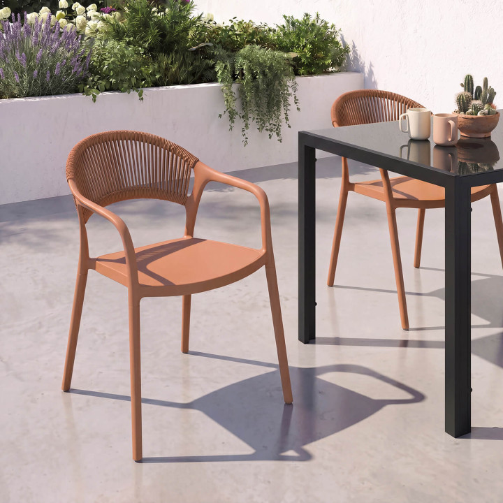 Set van 4 ODELIA stapelbare tuinstoelen van polypropyleen en terracotta touw