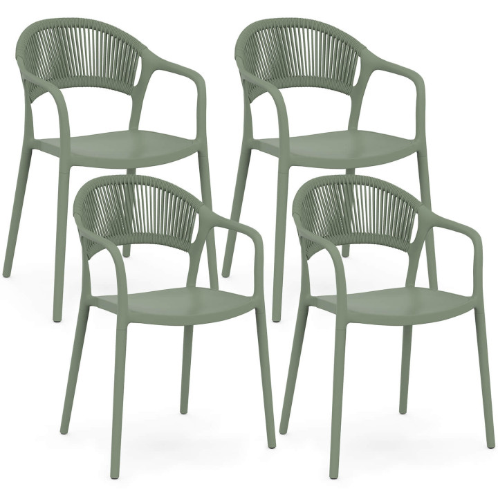 Set van 4 ODELIA stapelbare tuinstoelen van polypropyleen en groen koord