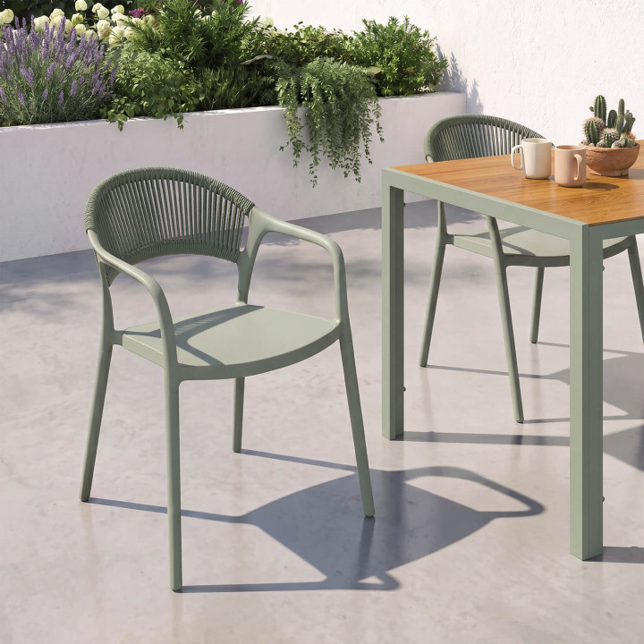 Set van 4 ODELIA stapelbare tuinstoelen van polypropyleen en groen koord