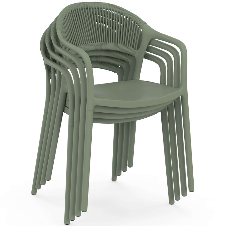Set van 4 ODELIA stapelbare tuinstoelen van polypropyleen en groen koord