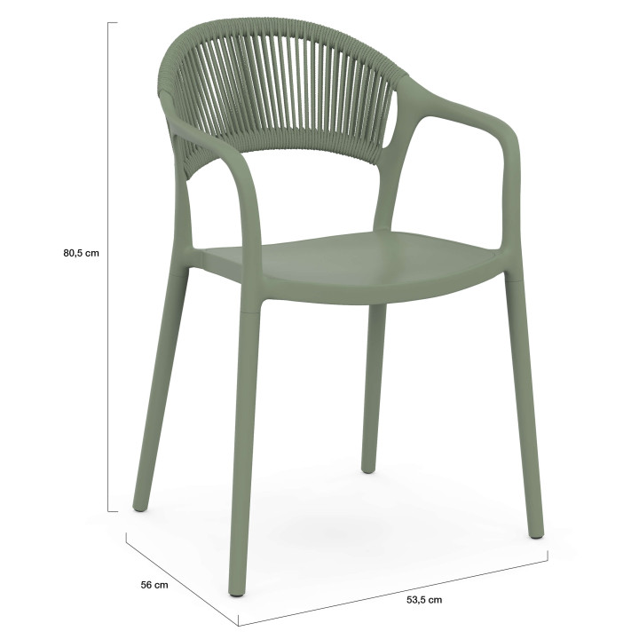 Set van 4 ODELIA stapelbare tuinstoelen van polypropyleen en groen koord