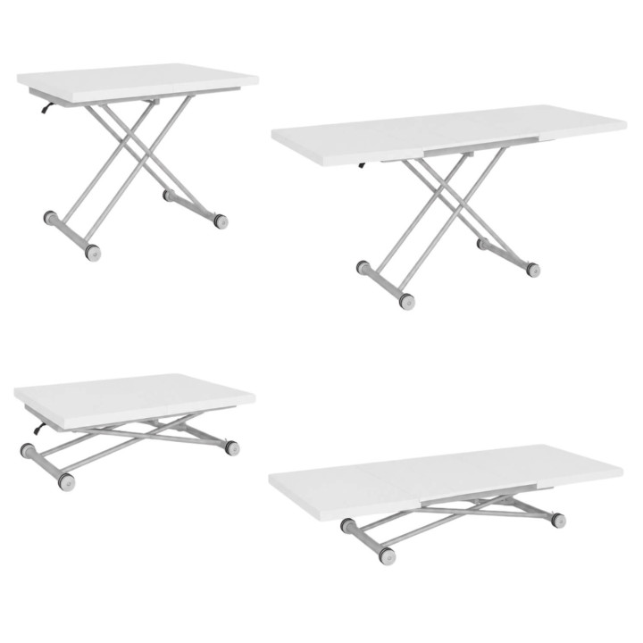 Tavolino allungabile e trasformabile in tavolo da pranzo rettangolare ALTURA 100-160 cm, piano bianco, base grigia cromata