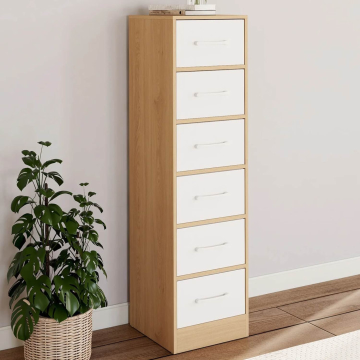 Mobile ausiliario a 6 cassetti UPPAH, cassettiera da 30 cm, mobile contenitore in legno effetto faggio e bianco