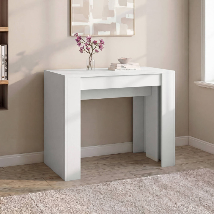 Mesa consola extensible para 10 personas, de madera blanca