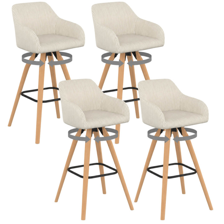 Lot de 4 tabourets de bar JANY pivotants avec accoudoirs en velours côtelé beige et pieds bois