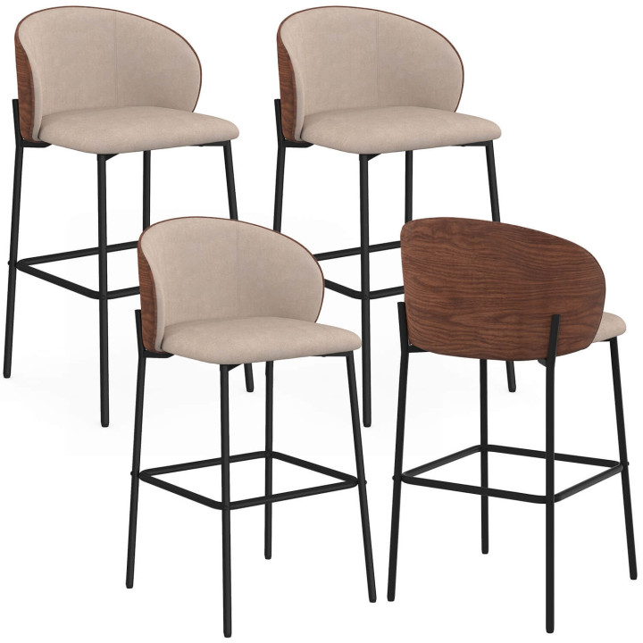 Set van 4 PENNY-barkrukken in taupekleurige stof, met rugleuning in notenlook en zwarte metalen poten