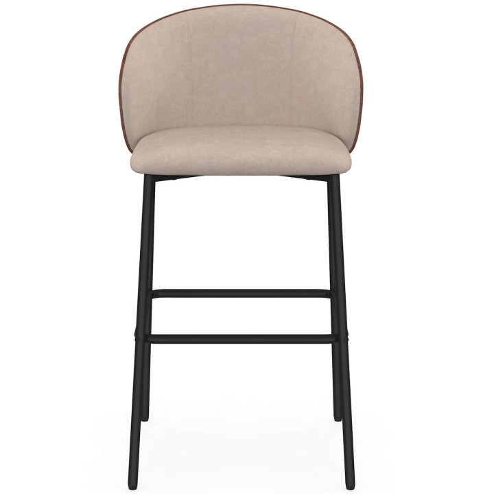 Set di 4 sgabelli da bar PENNY in tessuto color taupe, con schienale effetto noce e gambe in metallo nero