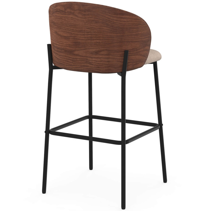 Set di 4 sgabelli da bar PENNY in tessuto color taupe, con schienale effetto noce e gambe in metallo nero