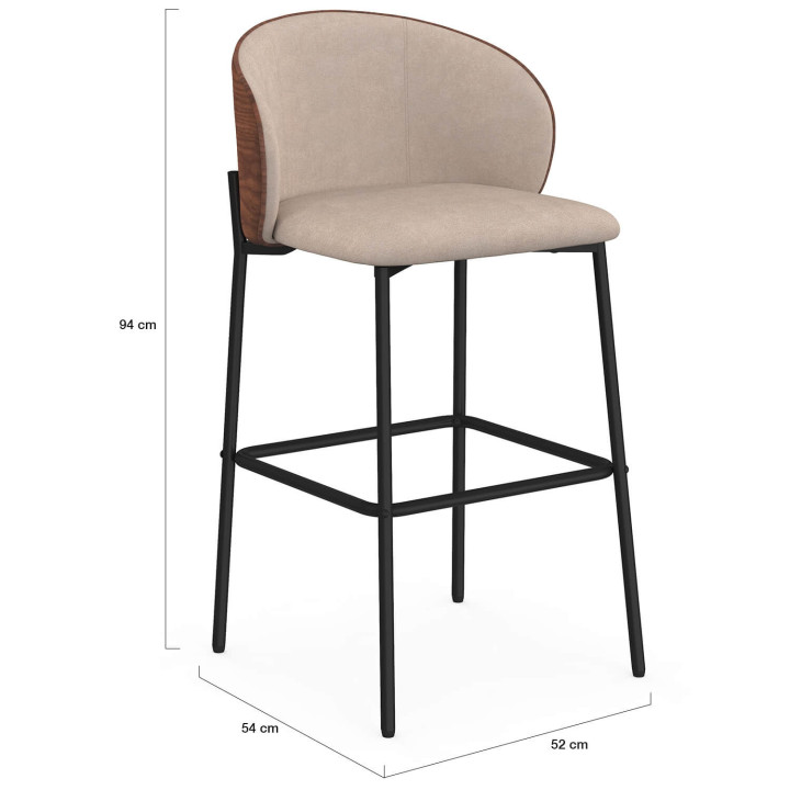 Set di 4 sgabelli da bar PENNY in tessuto color taupe, con schienale effetto noce e gambe in metallo nero