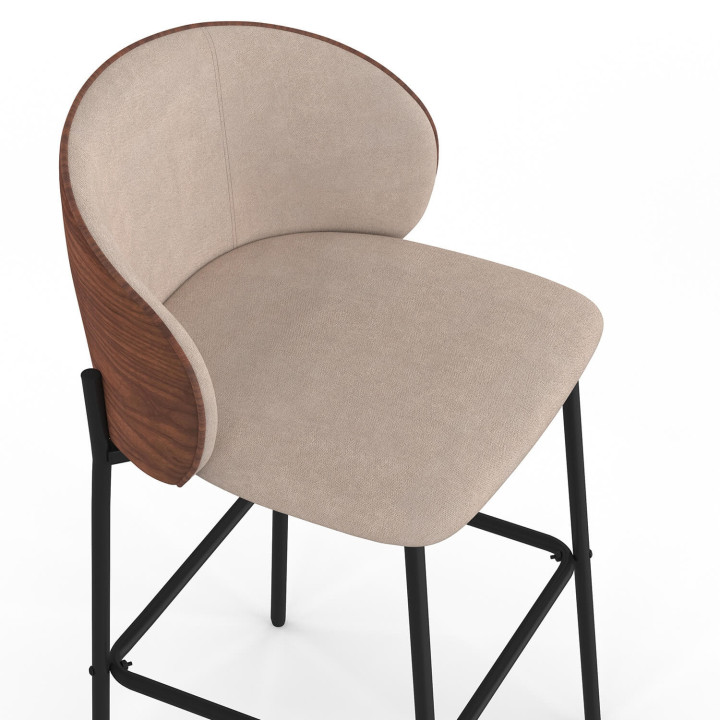 Set van 4 PENNY-barkrukken in taupekleurige stof, met rugleuning in notenlook en zwarte metalen poten