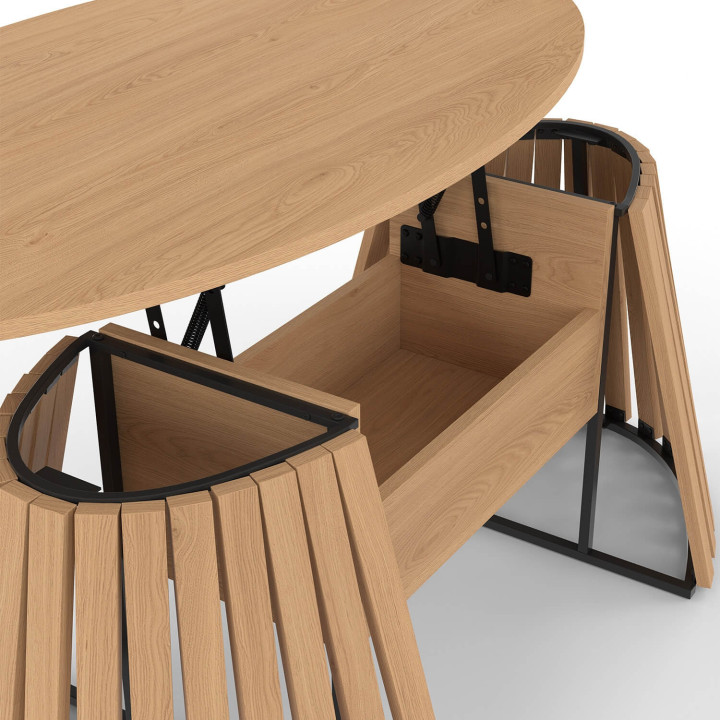 Ovale salontafel CARMEN met opklapbaar blad van 110 cm, houten poten van latten en houten blad