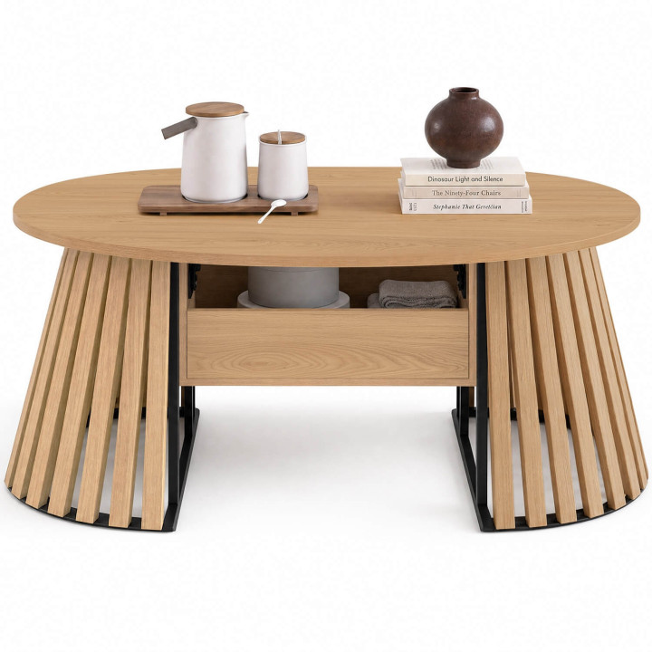 Mesa de centro con tablero elevable ovalado CARMEN de 110 cm, con patas de madera de listones y tablero de madera