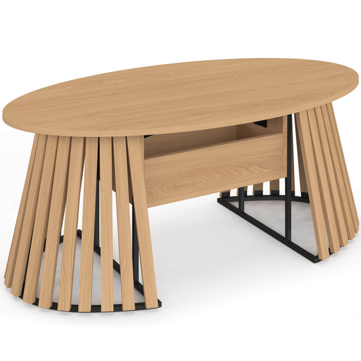 Mesa de centro con tablero elevable ovalado CARMEN de 110 cm, con patas de madera de listones y tablero de madera