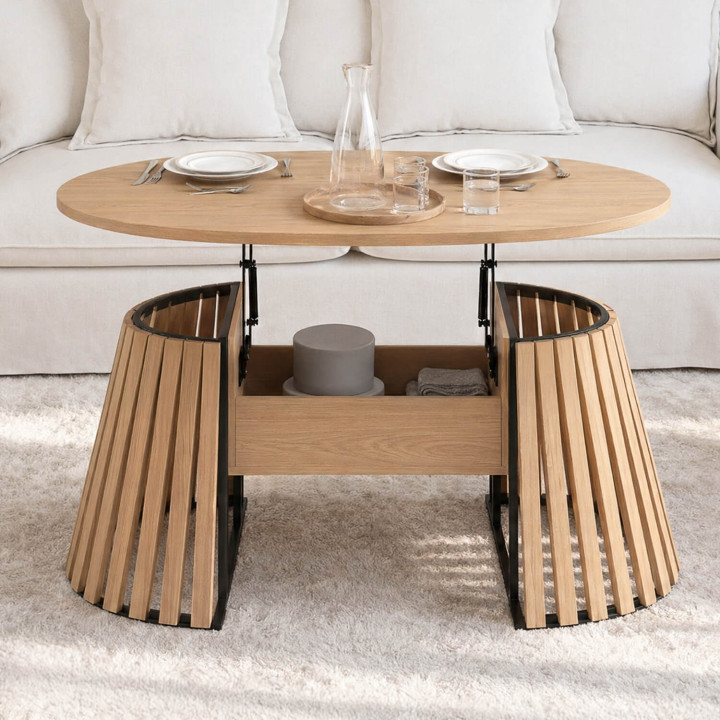 Mesa de centro con tablero elevable ovalado CARMEN de 110 cm, con patas de madera de listones y tablero de madera