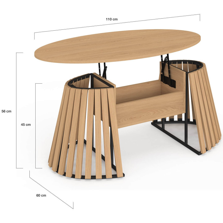 Mesa de centro con tablero elevable ovalado CARMEN de 110 cm, con patas de madera de listones y tablero de madera