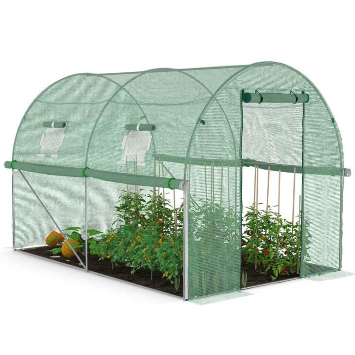 Serre de jardin tunnel 6m² 3 x 2 x 2 m acier galvanisé + bâche anti-UV avec porte et fenêtres ROMA verte toutes saisons