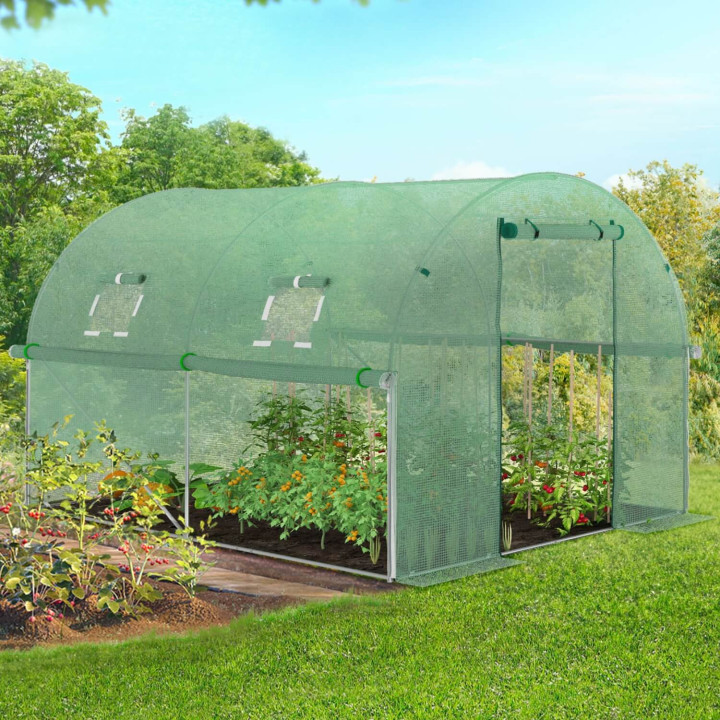 Túnel de jardín invernadero 6m² lona verde barato 3 aros