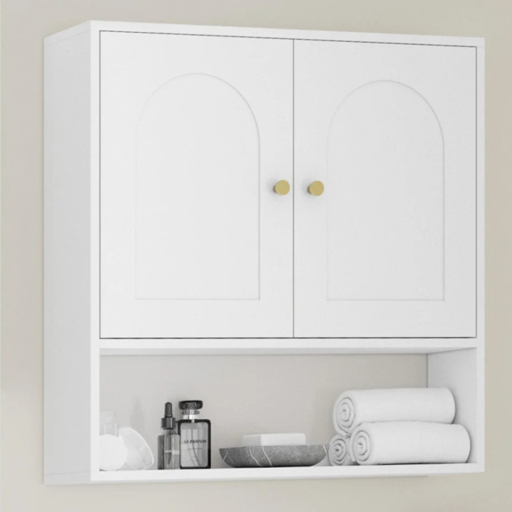 Mobile da bagno sospeso ARSENE, armadio a parete con 2 ante e ripiano in legno bianco