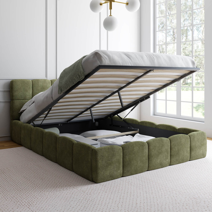 Cama doble con canapé, cabecero acolchado y somier de 140 x 190 cm, en tejido de chenilla verde - NUAGE