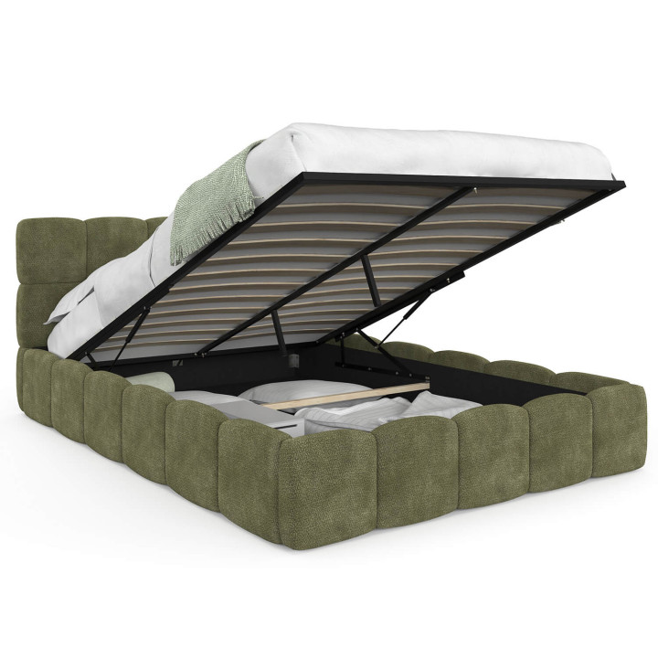 Lit coffre double NUAGE avec tête de lit matelassée et sommier 140 x 190 cm tissu chenille vert