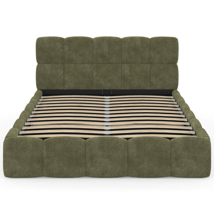 Tweepersoons opbergbed met gewatteerd hoofdeinde en lattenbodem 140 x 190 cm, groene chenille-stof - NUAGE