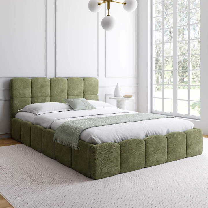 Cama doble con canapé, cabecero acolchado y somier de 140 x 190 cm, en tejido de chenilla verde - NUAGE