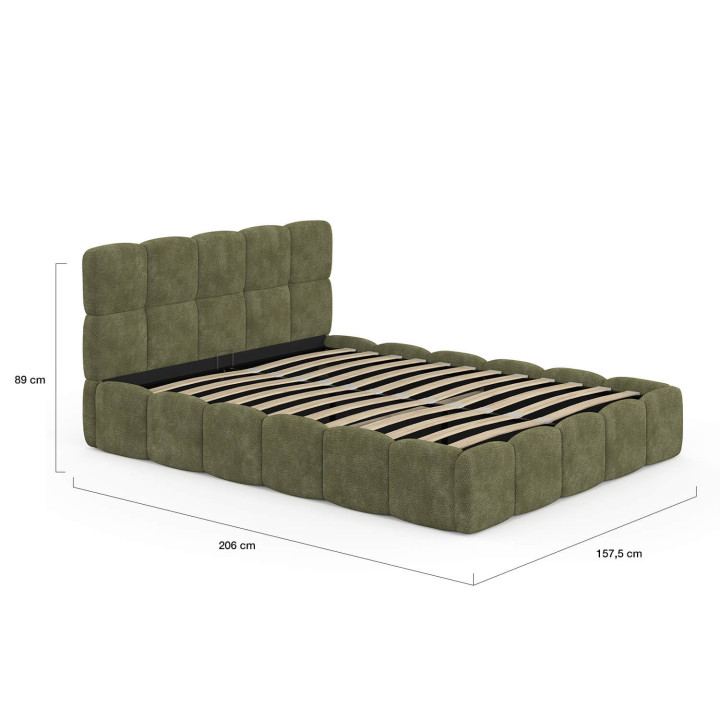 Lit coffre double NUAGE avec tête de lit matelassée et sommier 140 x 190 cm tissu chenille vert