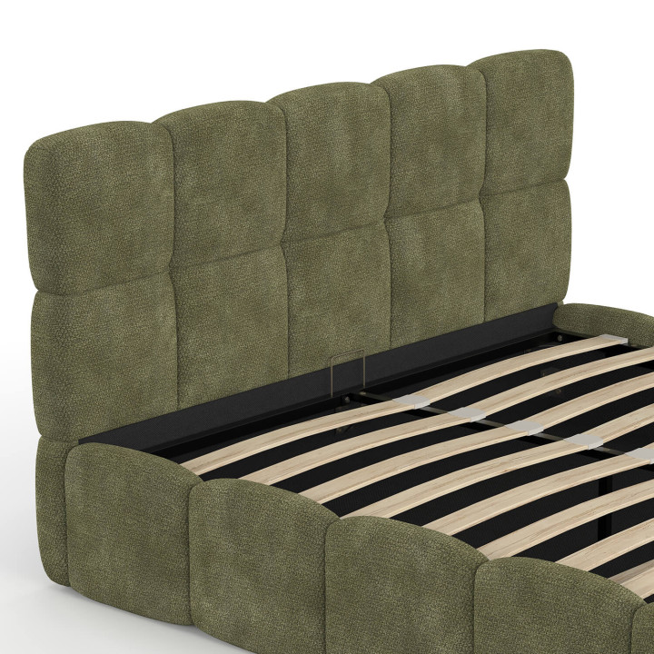 Lit coffre double NUAGE avec tête de lit matelassée et sommier 140 x 190 cm tissu chenille vert