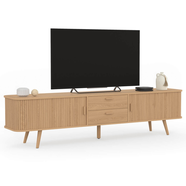 Mueble para televisión de 200 cm ROMIE, con 2 puertas correderas y 2 cajones con listones de madera en color roble