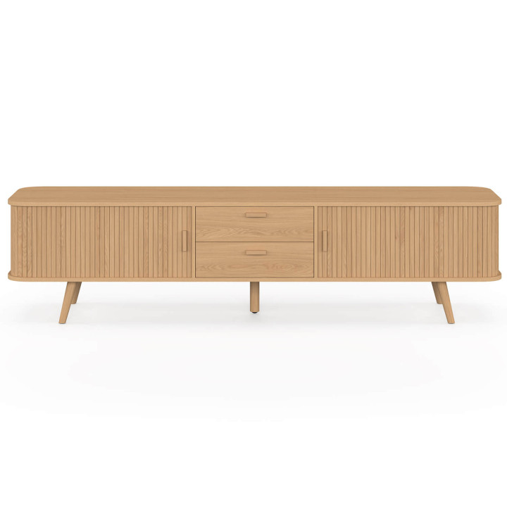 Mobile TV da 200 cm ROMIE con 2 ante scorrevoli e 2 cassetti con doghe in legno, finitura rovere
