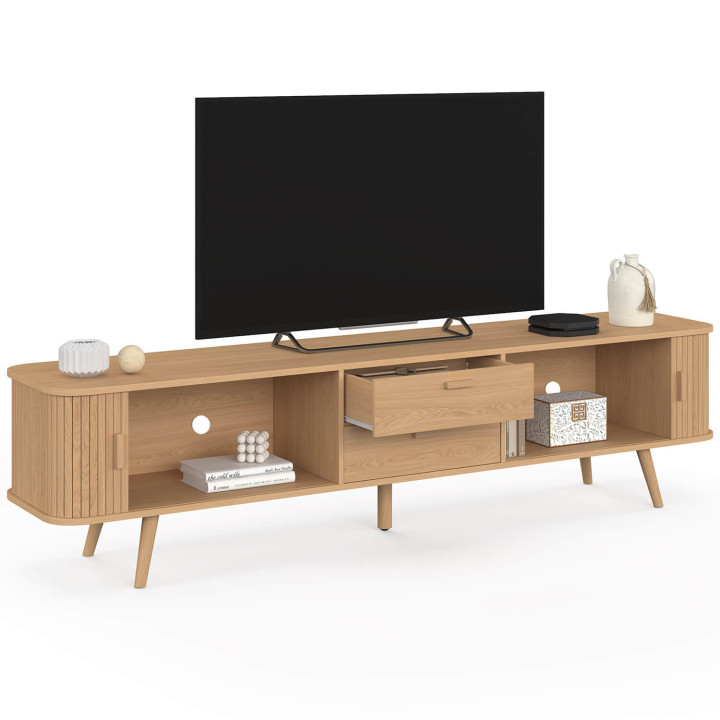 Mueble para televisión de 200 cm ROMIE, con 2 puertas correderas y 2 cajones con listones de madera en color roble