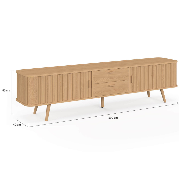 Mueble para televisión de 200 cm ROMIE, con 2 puertas correderas y 2 cajones con listones de madera en color roble