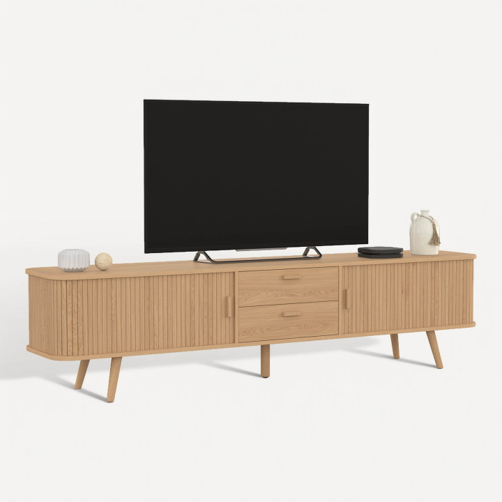 Mueble para televisión de 200 cm ROMIE, con 2 puertas correderas y 2 cajones con listones de madera en color roble