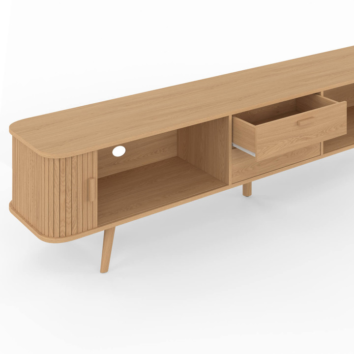 Meuble TV 200 cm ROMIE 2 portes coulissantes et 2 tiroirs lattes tasseau bois coloris chêne