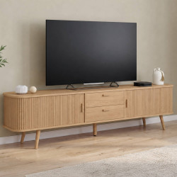 Meuble TV 200 cm ROMIE 2 portes coulissantes et 2 tiroirs lattes tasseau bois coloris chêne