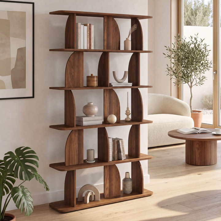 Etagère 5 niveaux Japandi EDITH asymétrique effet noyer design arrondi