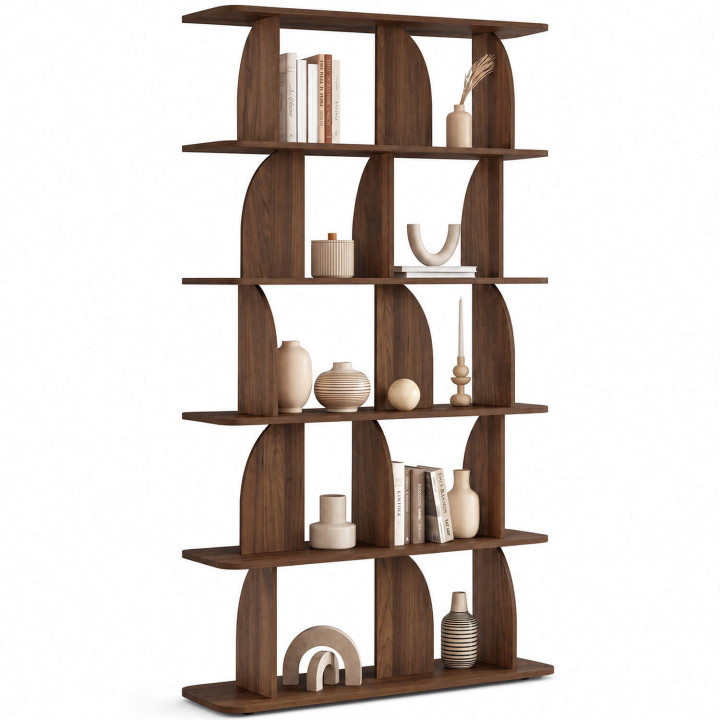 Scaffale a 5 ripiani in stile Japandi EDITH asimmetrico, effetto noce, dal design arrotondato
