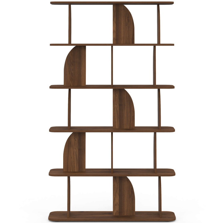 Scaffale a 5 ripiani in stile Japandi EDITH asimmetrico, effetto noce, dal design arrotondato