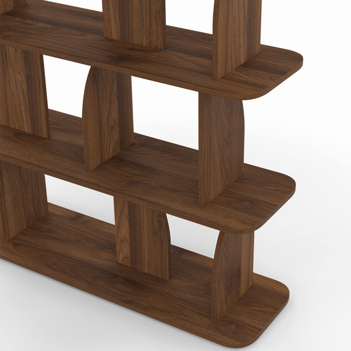 Japandi EDITH-plank met 5 niveaus, asymmetrisch, in notenhoutlook, met afgeronde vormgeving