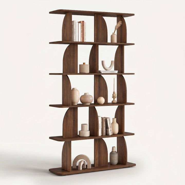 Etagère 4 niveaux EDITH asymétrique effet noyer design arrondi Japandi