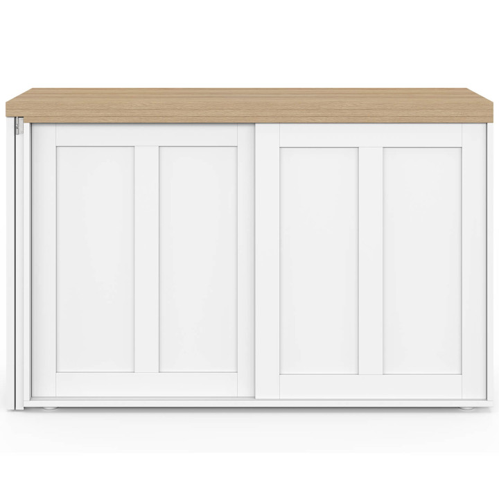 Uitschuifbaar buffet van 120 cm met 2 schuifdeuren en een draaibare en opklapbare eettafel JANGO voor 2 tot 4 personen, wit en h