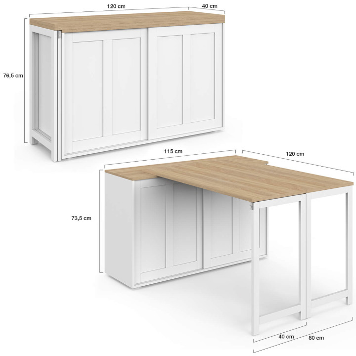 Buffet extensible 120 cm 2 portes coulissantes avec table à manger rotative et pliable JANGO 2 à 4 personnes blanc et bois