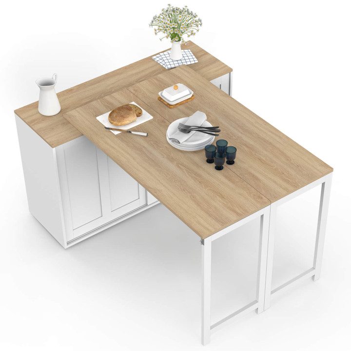 Aparador extensible de 120 cm con 2 puertas correderas y mesa de comedor giratoria y plegable JANGO, para 2 a 4 personas, en bla