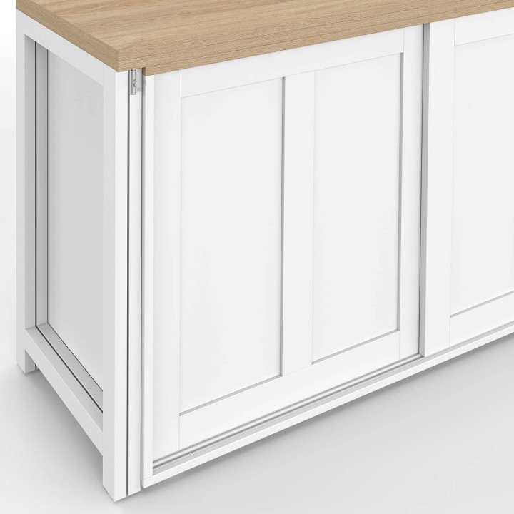 Credenza allungabile da 120 cm con 2 ante scorrevoli, tavolo da pranzo girevole e pieghevole JANGO per 2-4 persone, bianco e leg