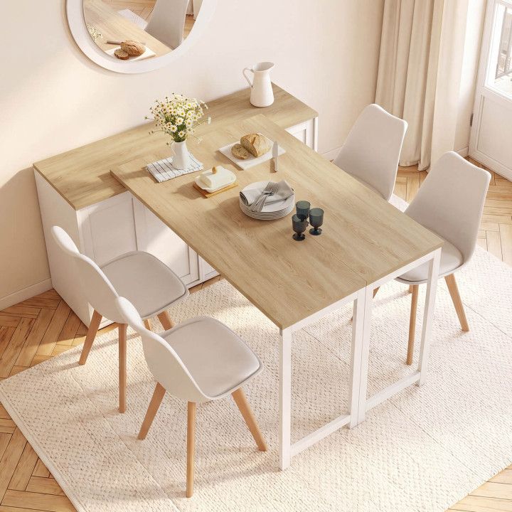 Buffet extensible 120 cm 2 portes coulissantes et table à manger rotative et pliable JANGO 2 à 4 personnes blanc et bois