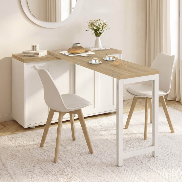 Uitschuifbaar buffet van 120 cm met 2 schuifdeuren en een draaibare en opklapbare eettafel JANGO voor 2 tot 4 personen, wit en h