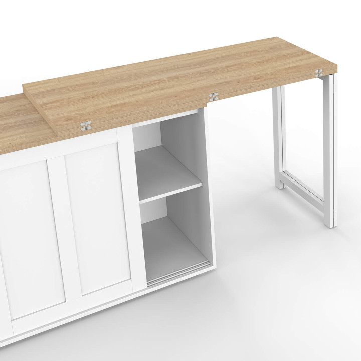 Uitschuifbaar buffet van 120 cm met 2 schuifdeuren en een draaibare en opklapbare eettafel JANGO voor 2 tot 4 personen, wit en h