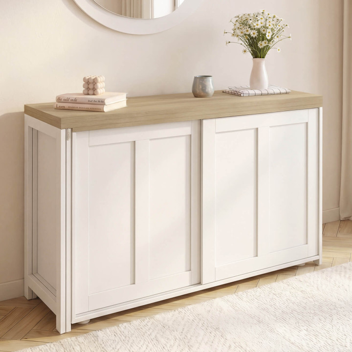 Credenza allungabile da 120 cm con 2 ante scorrevoli, tavolo da pranzo girevole e pieghevole JANGO per 2-4 persone, bianco e leg