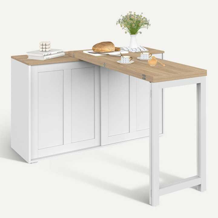 Buffet extensible 120 cm 2 portes coulissantes avec table à manger rotative et pliable JANGO 2 à 4 personnes blanc et bois